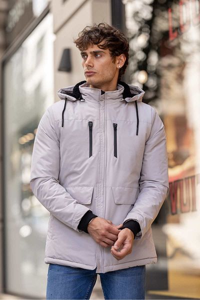 Decas Λευκό MEGA Αδιάβροχο Stand Collar Fur Ανδρικό παλτό με κουκούλα