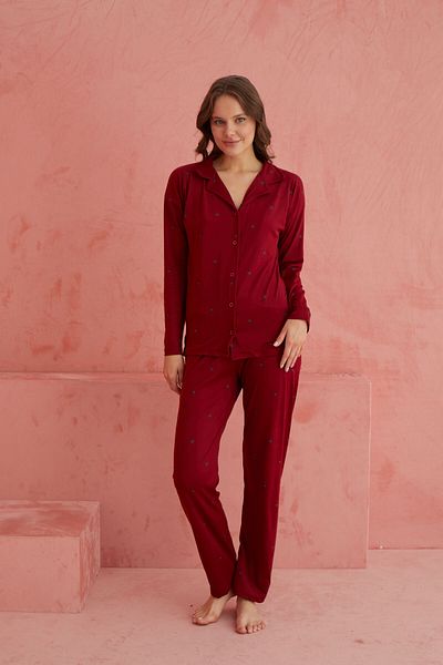 ELİTOL Bamboo Patterned Claret Red Long Sleeve Pajama Set - Front Buttoned