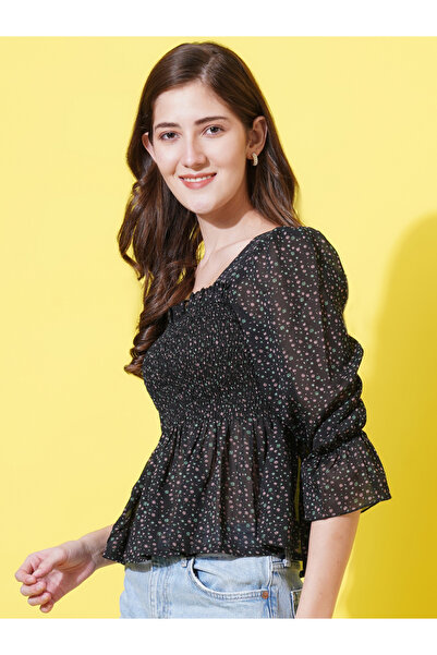 U&F By Styli Ditsy Print Smocked Georgette Peplum Top