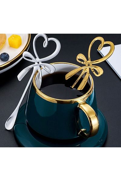Hatice sakallı design Shiny Gold Heart Patterned Tea and Coffee Nescafe Spoon