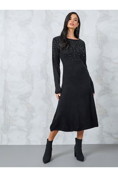 Styli Embellished Knit Sweater Midi Dress