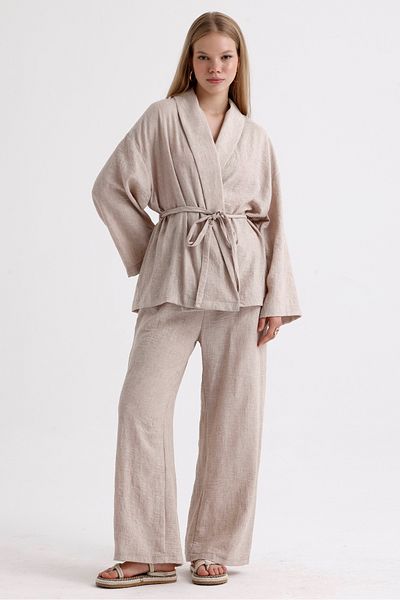MD trend Linen Suit - Spanish Sleeve, Belted Jacket and Lace-up Palazzo Trousers
