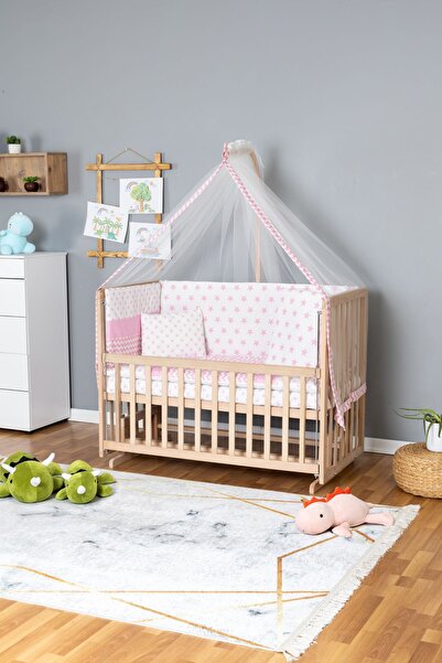 Bamgidoo Ahşap Beşik Anne Yanı Beşik Organik 70x130 - Pembe Yıldız 1 Yastıklı Uyku Seti + Yataklı