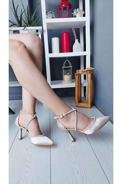Modavien Beige Satin Evening Dress - Women's Jewelled Shoes, 7 cm
