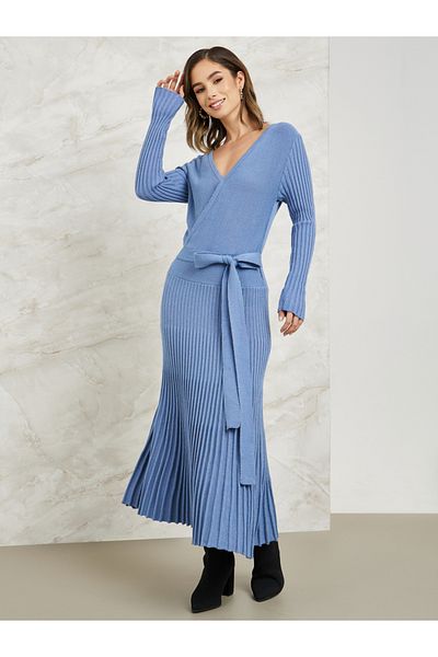 Styli Pleated Hem Knit Sweater Midi Dress with Tie Waist