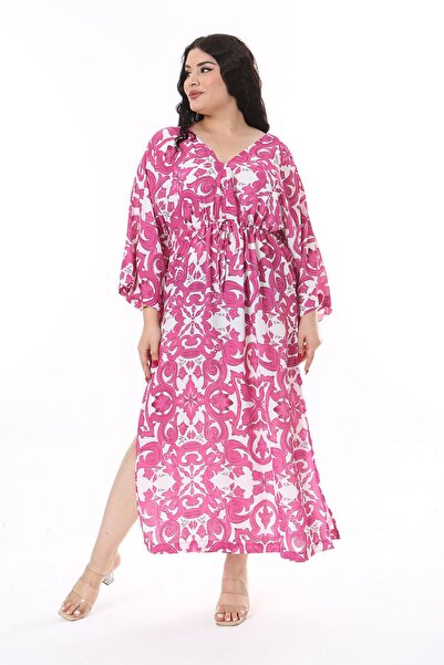 Şans PiNk V-Neck Large Size Crepe Dress - Waist Lace-up 65N38157