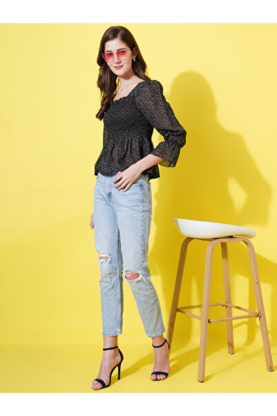 U&F By Styli Ditsy Print Smocked Georgette Peplum Top