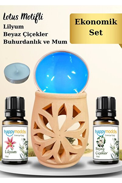 Happymodds Lotus Motifli Buhurdanlık, Mum Ve Lilyum, Beyaz Çiçekler Kokulu Es...