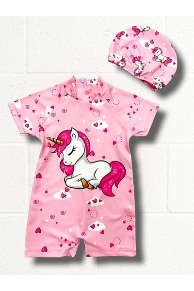 Pijamayo Character Printed Short Sleeve Girl's Swimsuit and Hood Set