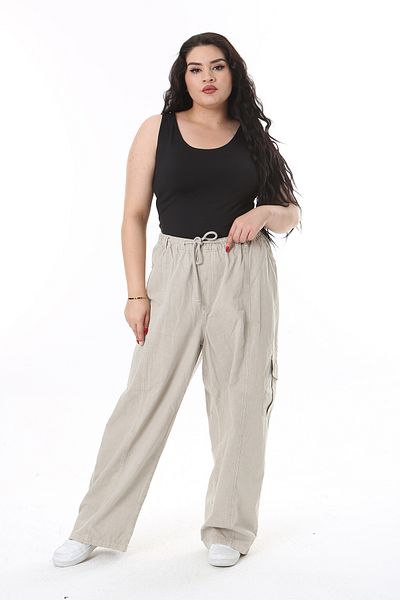 Şans Plus Size StoNe Colored Cargo PaNts - with Pockets aNd Waist Elastics 65N38177