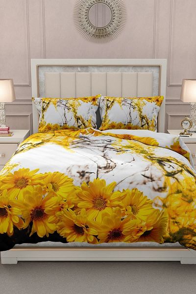 MonoHome 100% Cotton Satin Double Duvet Cover Set with Elastic Sheets Yellow Daisy