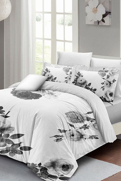MonoHome 100% Cotton Satin Double Duvet Cover Set with Elastic Sheets Black White Flower