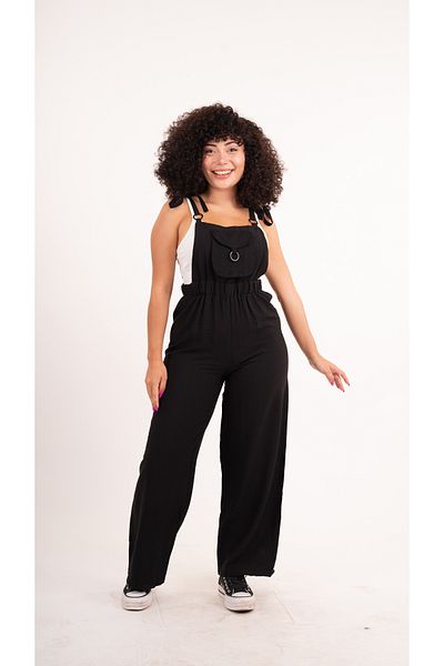 MsLena Butik Black Women's Jumpsuit - Pocket and Ring Detail, Tie-Up Strap, Wide Leg Gardener No335-8792