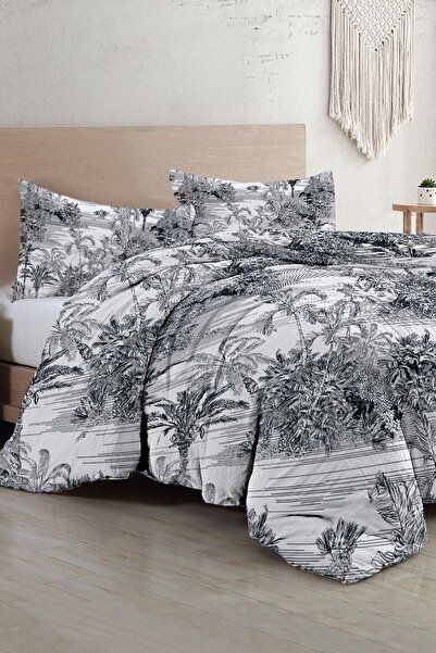 MonoHome Σετ Παπλωματοθήκη Διπλό Προσαρμοσμένο Υφαντό Βαμβακερό Σατέν Καμβάς Συλλογή Tropical Island Black