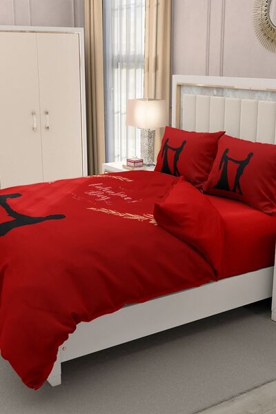 MonoHome Double (With Elastic Sheet) Valentine's Day Duvet Cover Set 100% Cotton Satin Red Love