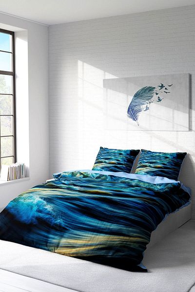 PerlaSera 3D Custom Designed Double Duvet Cover Set - Tightly Woven Cotton Satin, Wavy Sea