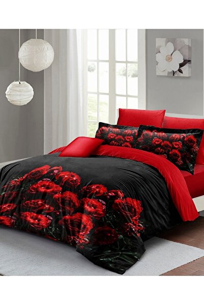 MonoHome Double (With Elastic Sheet) Valentine's Day Duvet Cover Set 100% Cotton Satin Black Rose