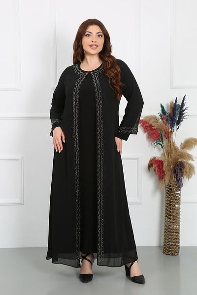 YASEŞA BUTİK Plus Size Stylish Black Sudenaz Evening Dress with Stone Detail - Mother Women Young