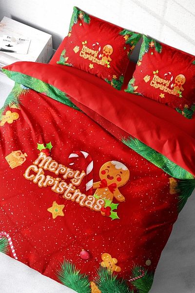 MonoHome New Year's Duvet Cover Set (With Elastic Sheets) Double 100% Cotton Satin Cookie