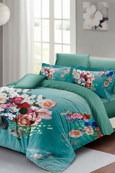 PerlaSera 3D Custom Design - Floral Turquoise Duvet Cover Set, Tight Woven Cotton Satin