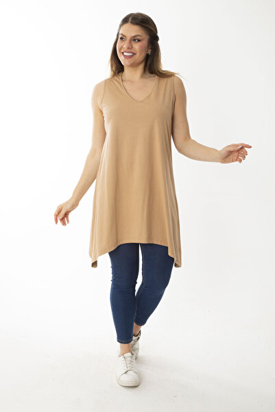 Şans Γυναικεία Αμάνικη Μπλούζα Μπεζ με λαιμόκοψη σε Plus μέγεθος 65N36920