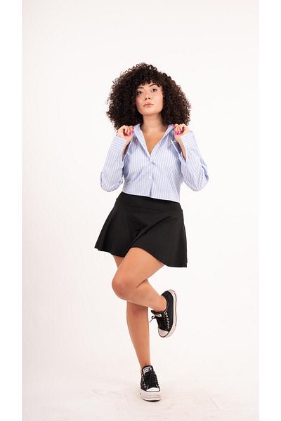 MsLena Butik Cămașă crop albastră - mânecă lungă și talie elastică pentru femei No150-1049