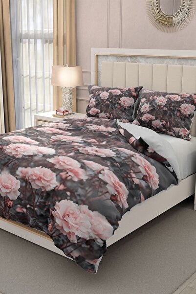MonoHome Double Satin Duvet Cover - 100% Cotton, Elastic 3D Rose Design, Fall