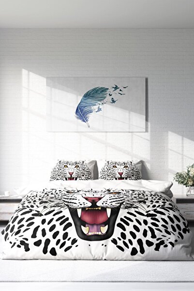 MonoHome 100% Cotton Satin Double Duvet Cover Set with Fitted Sheets White Leopard