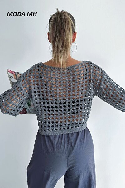 moda mh İspanyol Kol Delikli Crop GRİ