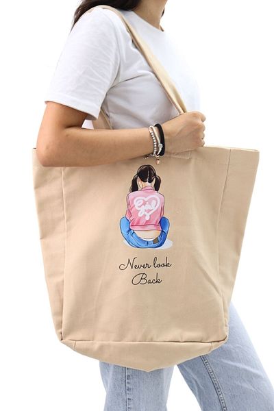 ICONE BAG Large Volume Cream Girl Printed Cloth Women's Bag - Hand and Shoulder Cloth