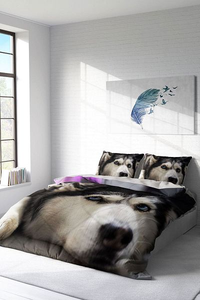PerlaSera Husky 3D Custom Design - Double Duvet Cover Set, Tightly Woven Cotton Satin