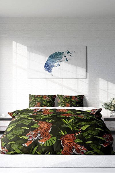 PerlaSera 3D Custom Design - Double Duvet Cover Set, Tightly Woven Cotton Satin, Tigers Natural