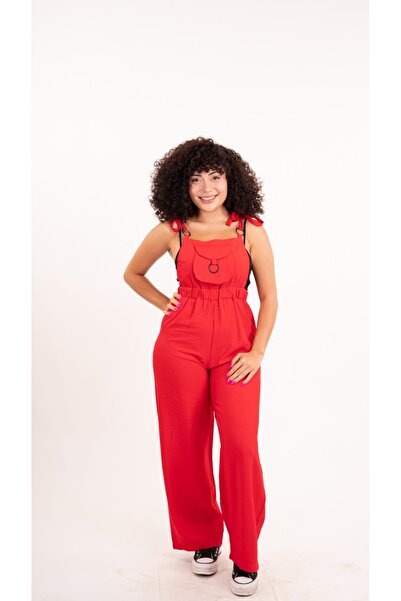 MsLena Butik Red Aerobin Fabric - Gardener Jumpsuit with Single Pocket and Ring Detail No335-8792