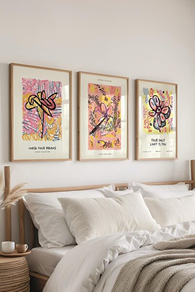 Postifull Renkli Minimalist Tablo Seti, 3 Adet Ahşap Çerçeve ve Poster - Yata...