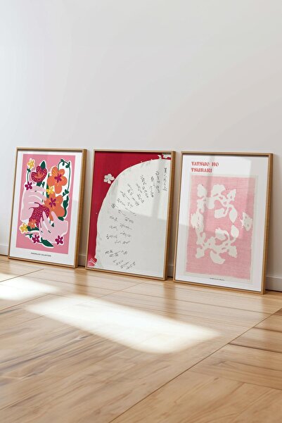 Postifull Vintage Tablo Seti, 3 Adet Ahşap Çerçeve ve Pembe Poster - Yatak Odası, Mutfak, Salon Duvar Dekoru