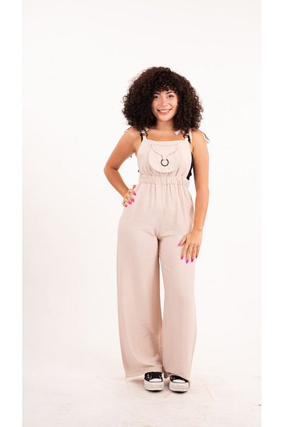 MsLena Butik Aerobin Fabric Women's Gardener Jumpsuit with Single Pocket and Ring Design - Cream with Tie-up Straps No335-8792