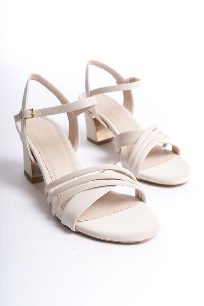 ZİESCE CROSSBANDED THICK HEELED WOMEN BEIGE SANDALS SHOES