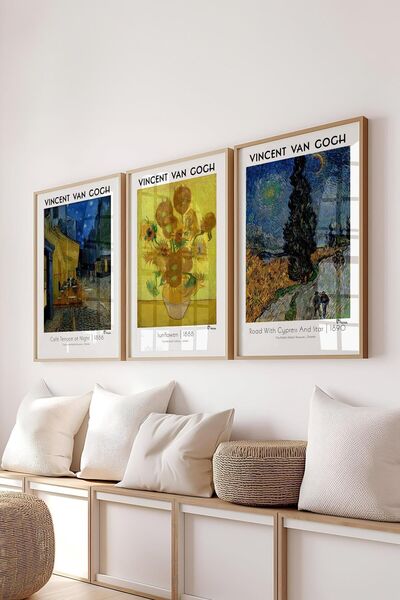 Postifull Van Gogh Painting Set,3Pcs Wooden Frame and Art Series Poster - Bedroom, Kitchen, Living Room Decor