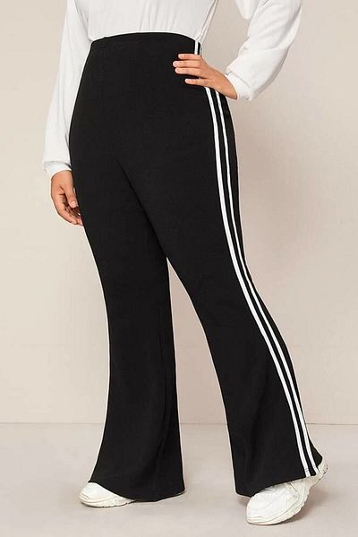 Big Love Women's Large Size Diving Fabric Black and White Striped Flare Leg Trousers