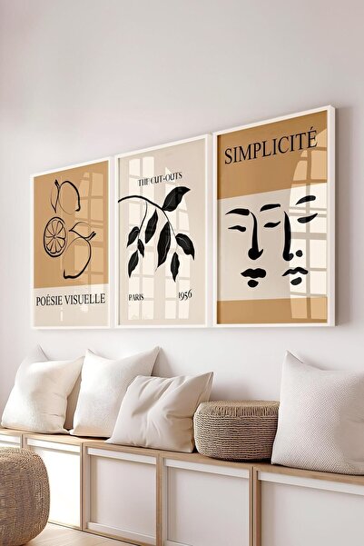 Postifull Set de pictură minimalistă maro, 3 bucăți cadru alb și poster - dec...