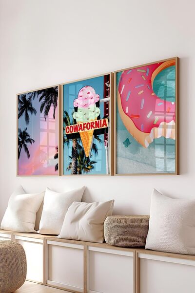 Postifull Summer Themed Pink Painting Set, 3Pcs Wooden Frame and Poster - Bedroom, Kitchen, Living Room Wall Decor
