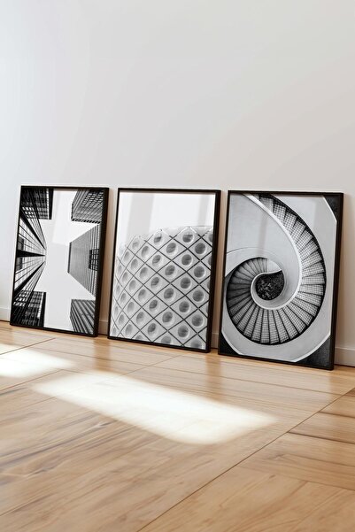 Postifull Siyah Beyaz Tablo Seti, 3 Adet Siyah Çerçeve ve Mimari Poster - Yatak Odası, Mutfak, Salon Dekoru