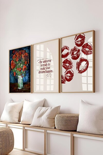 Postifull Kırmızı Vintage Tablo Seti, 3 Adet Ahşap Çerçeve ve Poster - Salon, Mutfak, Yatak Odası Duvar Dekor