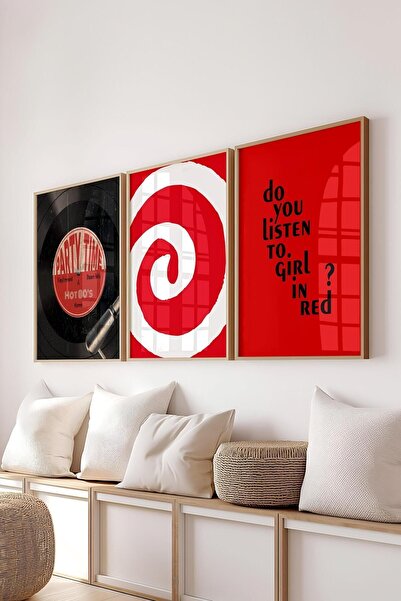 Postifull Kırmızı Tablo Seti, 3 Adet Ahşap Çerçeve ve Poster - Yatak Odası, Mutfak, Salon Duvar Dekoru