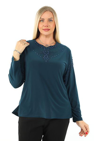 AfifeCOLLECTİON Μπλούζα με κέντημα με γιακά Άνετη κομψή μπλούζα με πέτρες με μοτίβο με άμμο