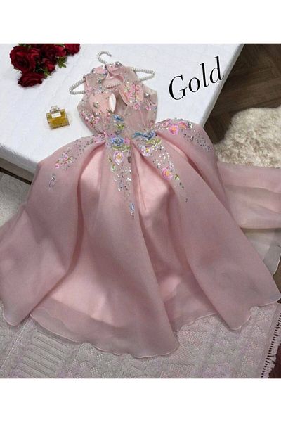 Gold Dresses SatinMidiEvening Dress - Embroidered and Rhinestone Embroidered,BarbrieBrb 241708