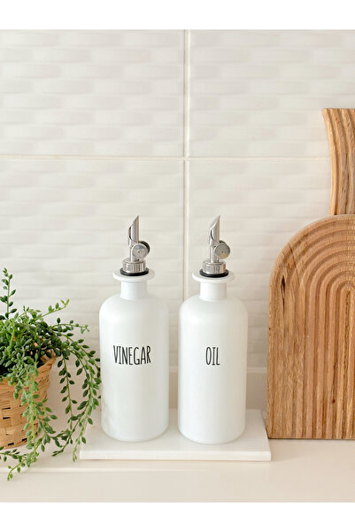 Minika Home Mermer Altlık ve 2'li Beyaz Cam Yağdanlık Seti (Etiketler: Oil-Ol...