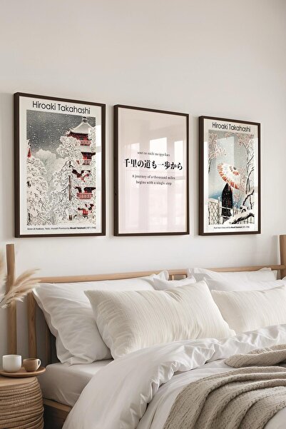 Postifull Japon Sanatı Tablo Seti, 3 Adet Siyah Çerçeve ve Hokusai Poster - Yatak Odası, Mutfak, Salon Dekoru