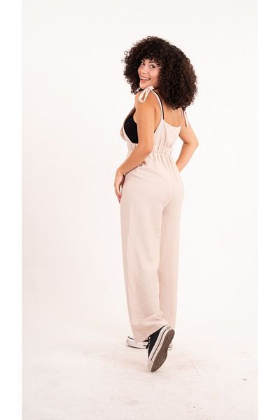MsLena Butik Aerobin Fabric Women's Gardener Jumpsuit with Single Pocket and Ring Design - Cream with Tie-up Straps No335-8792