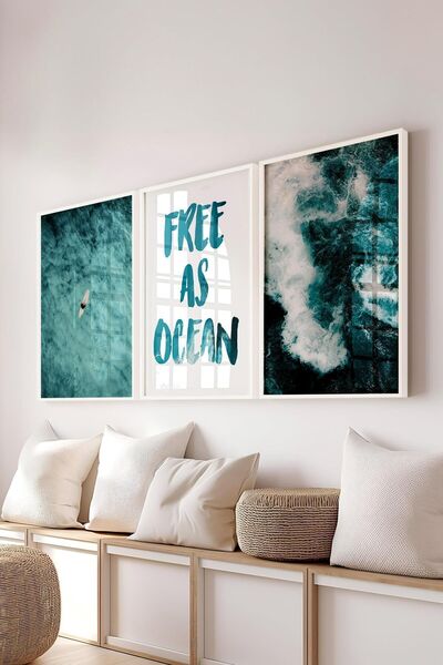 Postifull Soft Blue Painting Set, 3Pcs White Frame and Summer Poster - Bedroom, Kitchen, Living Room Wall Decor